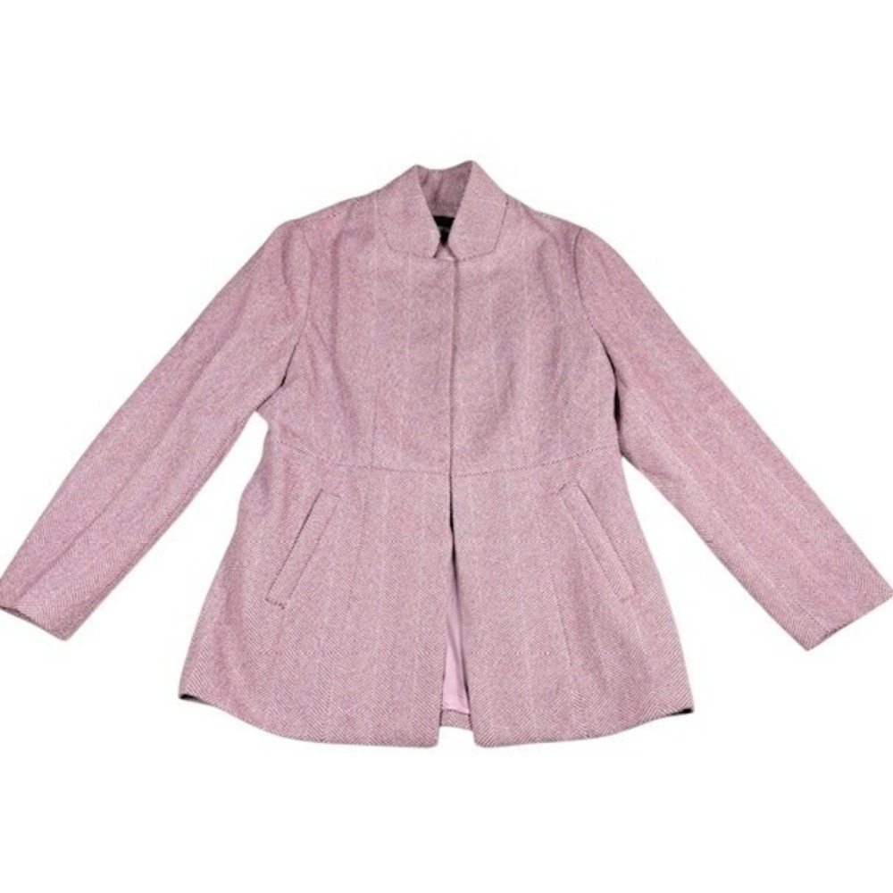 Chouyatou Pea Coat Womens L Pink Herringbone Stand Collar Hidden Button NWT